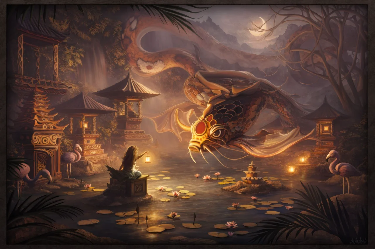 Tirta Naga Tirta Naga : dragon-carpe glissant au-dessus d'un bassin de lotus entre des sanctuaires balinais – illustration numérique de 4t4r4xi4